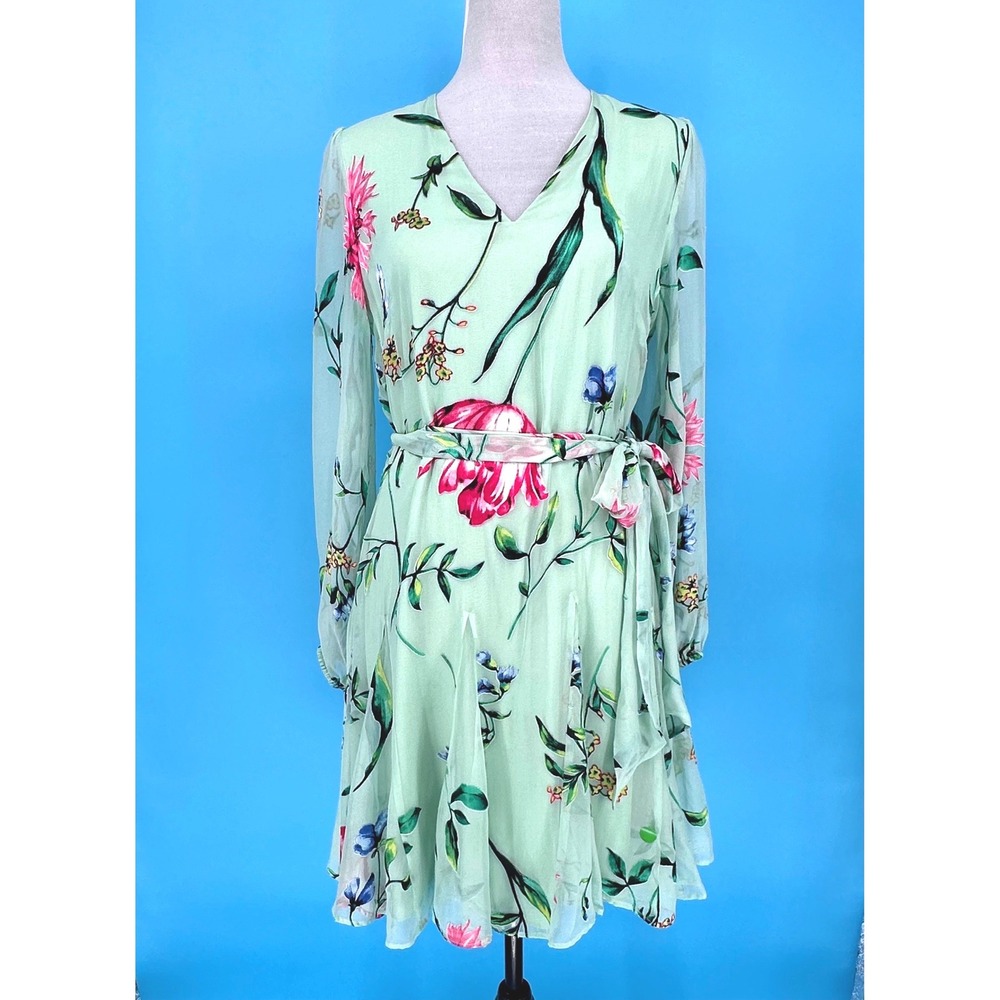 White House Black Market Mint Burnt Out Silk Blend V-Neck Belted Dress 6